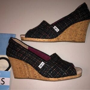 TOMS Tweed Black Peep Toe Wedges